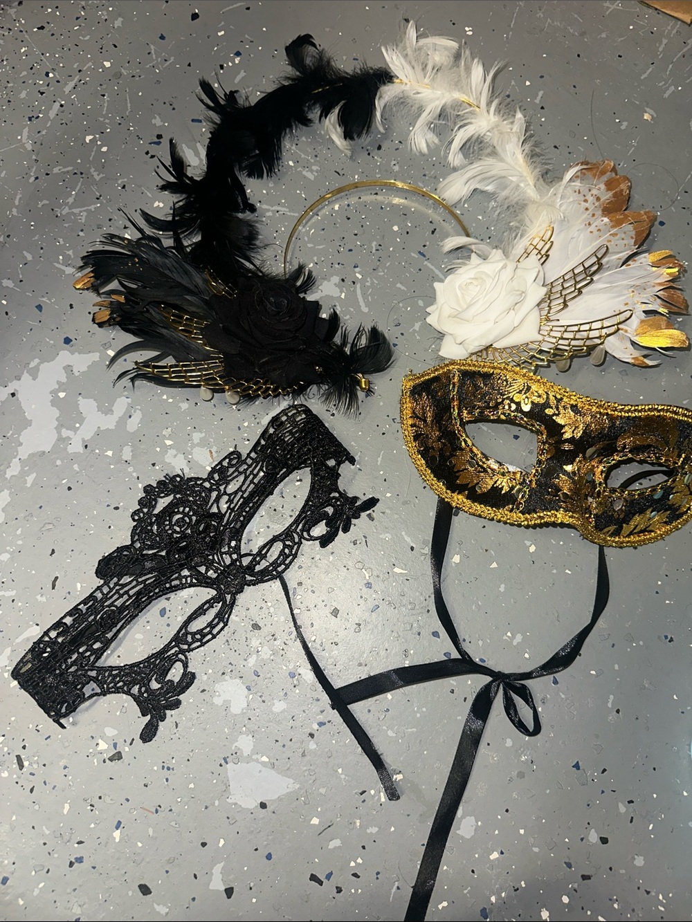 Bundle of 3 Masquerade: gold + lace eye masks, feather floral headgear